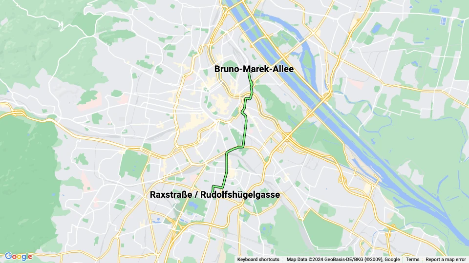 Vienna tram line O: Raxstraße / Rudolfshügelgasse - Bruno-Marek-Allee route map