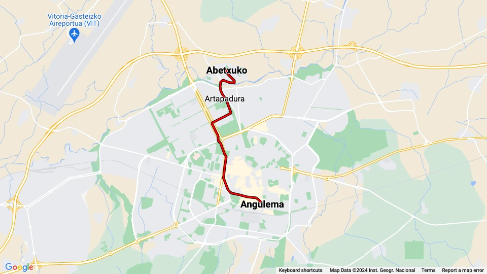 Vitoria-Gasteiz tram line T2: Angulema - Abetxuko route map