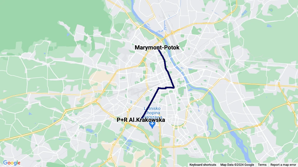 Warsaw tram line 15: P+R Al.Krakowska - Marymont-Potok route map
