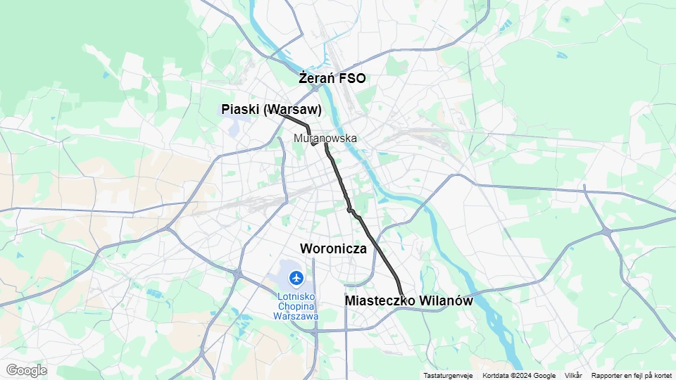 Warsaw tram line 16: Miasteczko Wilanów - Piaski (Warsaw) route map