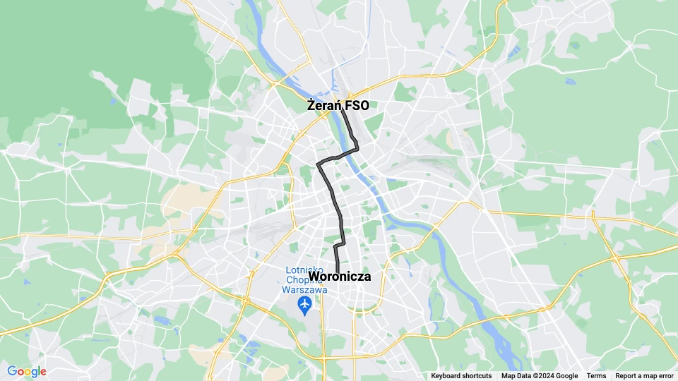 Warsaw tram line 16: Woronicza - Żerań FSO route map