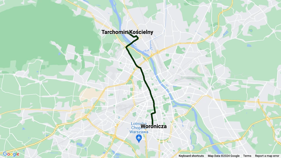 Warsaw tram line 17: Woronicza - Tarchomin Kościelny route map