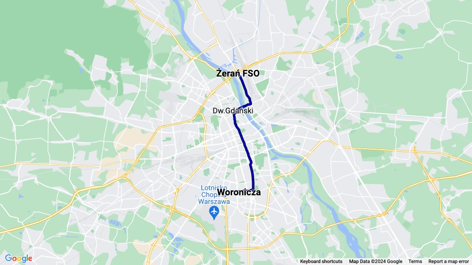 Warsaw tram line 18: Woronicza - Żerań FSO route map