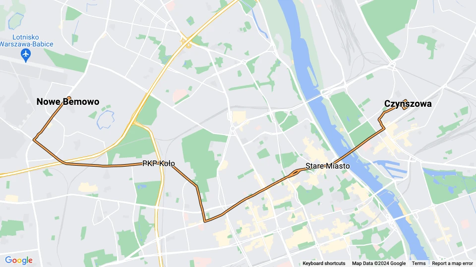 Warsaw tram line 23: Nowe Bemowo - Czynszowa route map