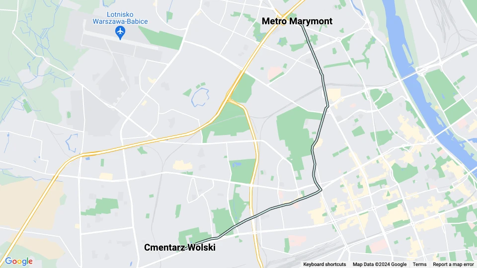 Warsaw tram line 27: Cmentarz Wolski - Metro Marymont route map