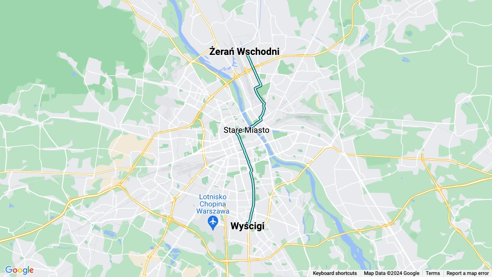 Warsaw tram line 4: Żerań Wschodni - Wyścigi route map