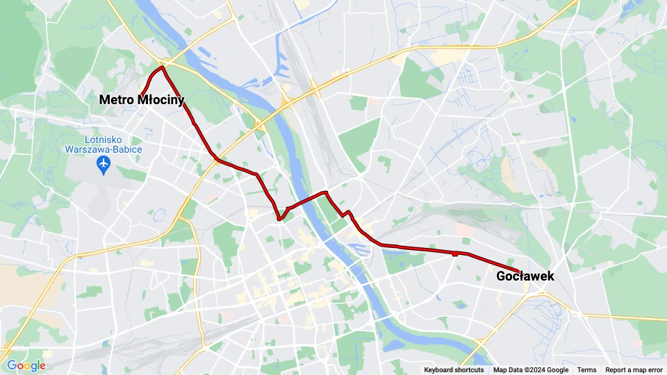 Warsaw tram line 6: Gocławek - Metro Młociny route map