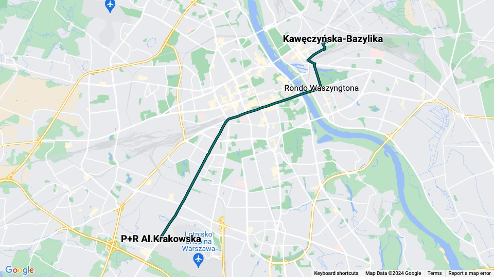 Warsaw tram line 7: P+R Al.Krakowska - Kawęczyńska-Bazylika route map