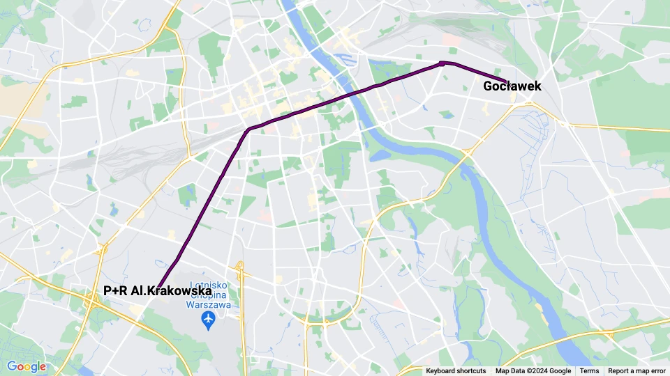 Warsaw tram line 9: Gocławek - P+R Al.Krakowska route map