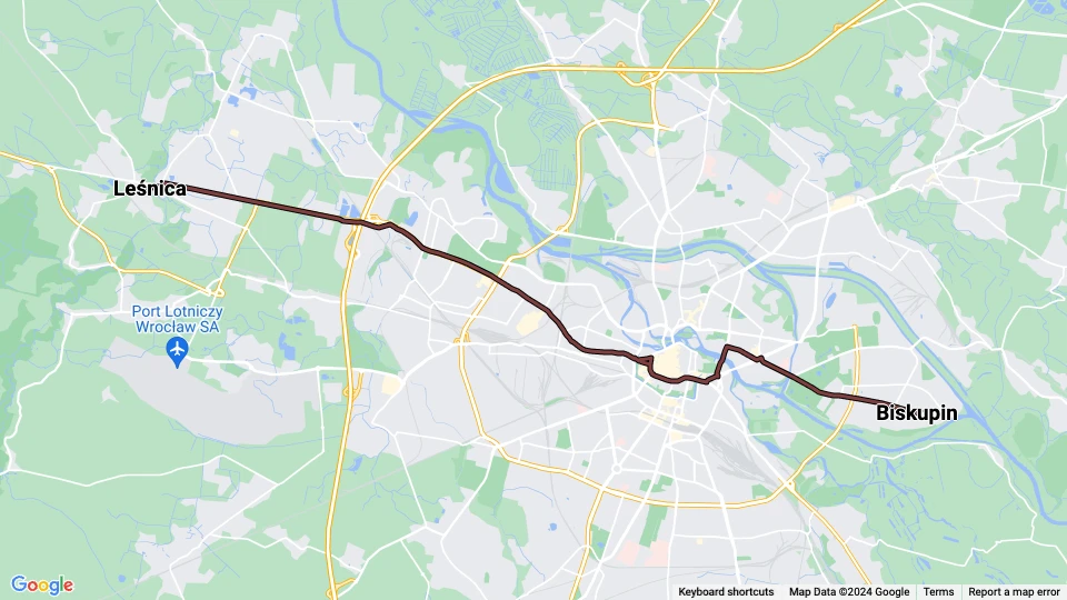 Wrocław tram line 10: Biskupin - Leśnica route map