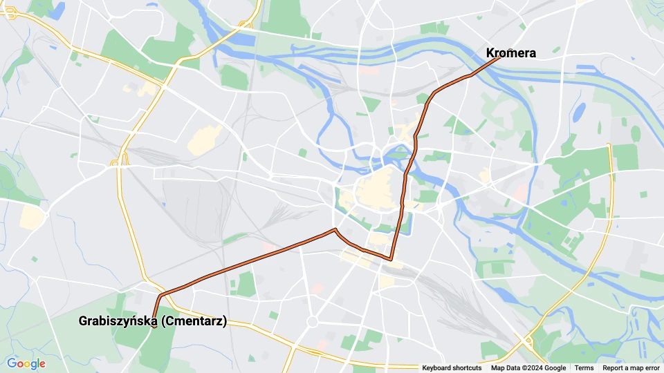 Wrocław tram line 11: Kromera - Grabiszyńska (Cmentarz) route map