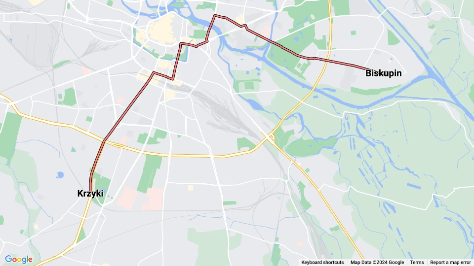 Wrocław tram line 2: Biskupin - Krzyki route map