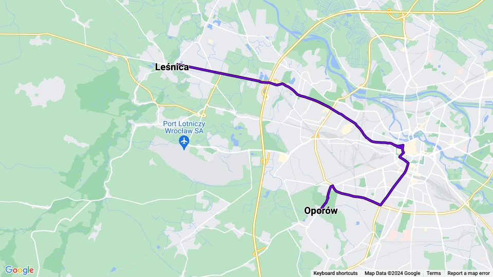 Wrocław tram line 20: Leśnica - Oporów route map