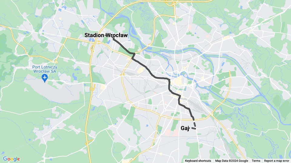 Wrocław tram line 31: Stadion Wrocław - Gaj route map