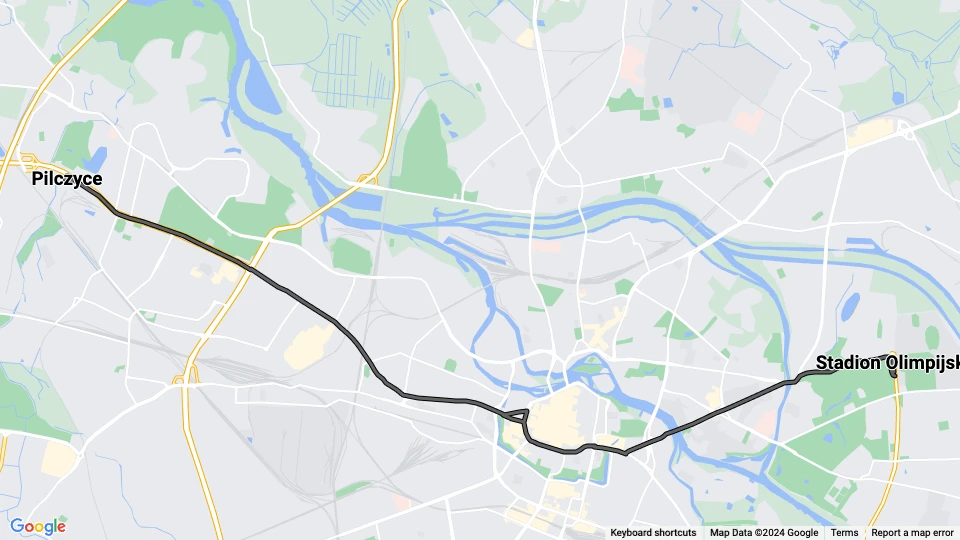 Wrocław tram line 33: Pilczyce - Stadion Olimpijski route map