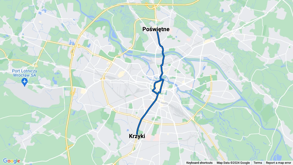 Wrocław tram line 7: Krzyki - Poświętne route map