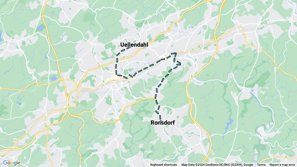 Wuppertal tram line 23: Ronsdorf - Uellendahl route map