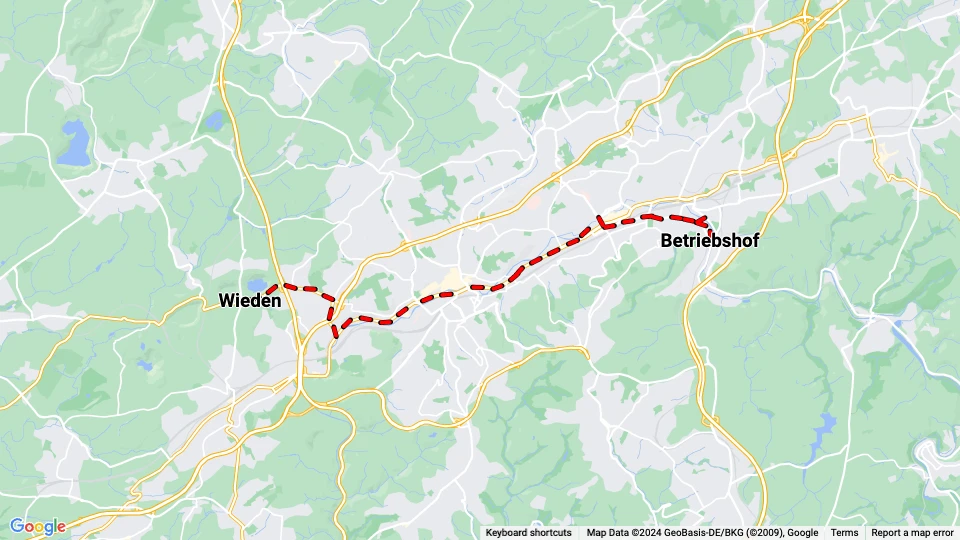 Wuppertal tram line 601: Wieden - Betriebshof route map