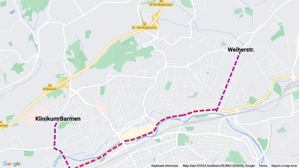 Wuppertal tram line 602: Klinikum Barmen - Weiherstr. route map