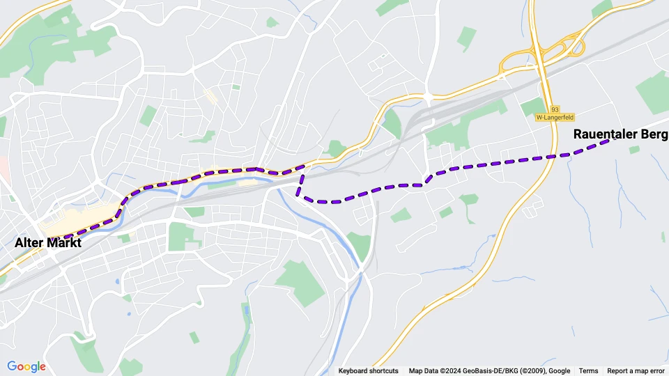 Wuppertal tram line 608: Alter Markt - Rauentaler Berg route map