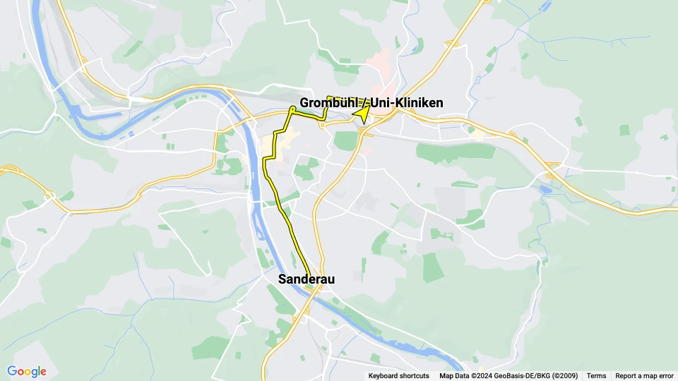 Würzburg extra line 1: Sanderau - Grombühl / Uni-Kliniken route map