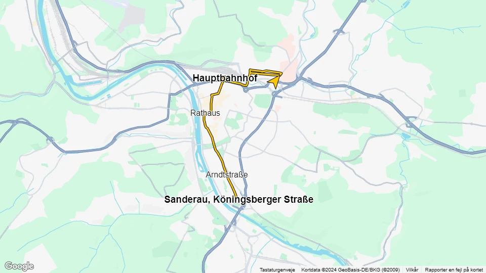 Würzburg extra line 1: Sanderau, Köningsberger Straße - Grombühl / Uni-Kliniken route map