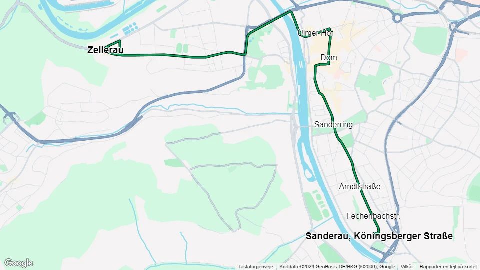 Würzburg tram line 4: Sanderau, Köningsberger Straße - Zellerau route map