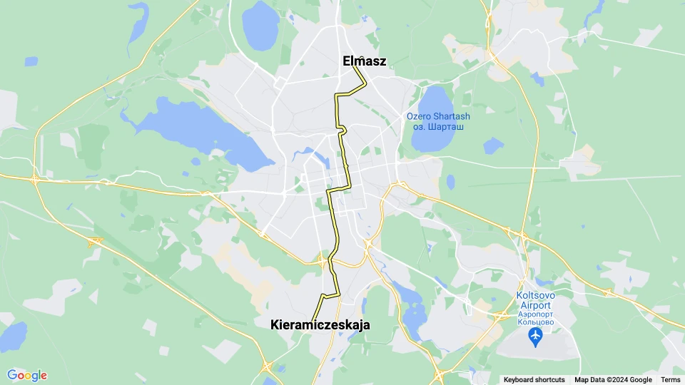 Yekaterinburg tram line 14: Elmasz - Kieramiczeskaja route map