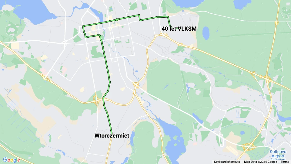 Yekaterinburg tram line 15: 40 let VLKSM - Wtorczermiet route map