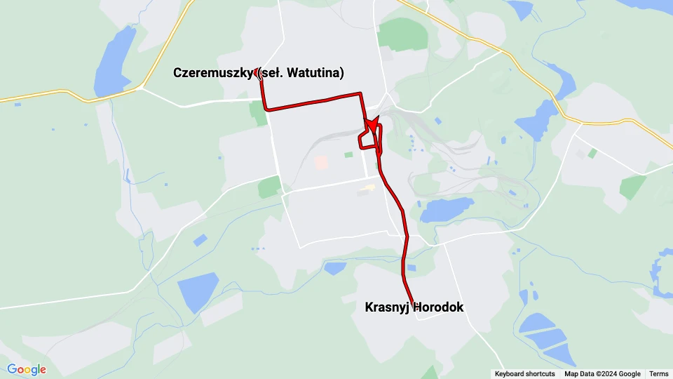 Yenakiieve tram line 1: Krasnyj Horodok - Czeremuszky (seł. Watutina) route map