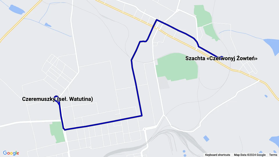 Yenakiieve tram line 3: Czeremuszky (seł. Watutina) - Szachta «Czerwonyj Żowteń» route map