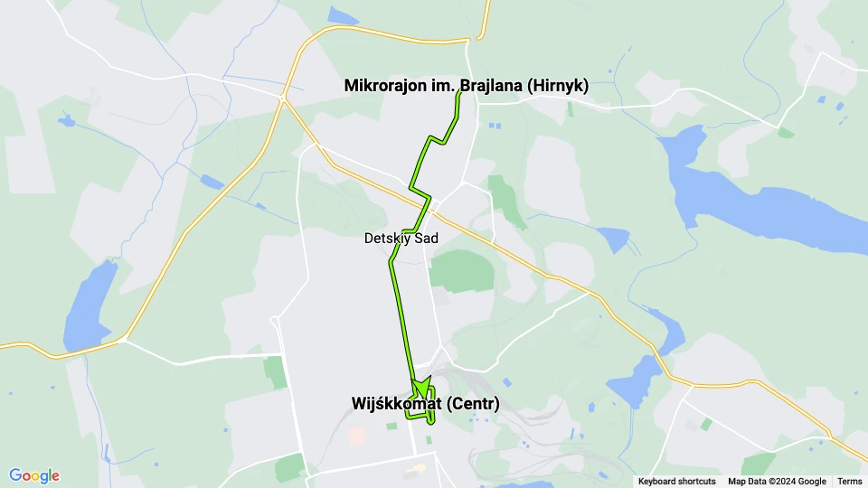 Yenakiieve tram line 4: Wijśkkomat (Centr) - Mikrorajon im. Brajlana (Hirnyk) route map