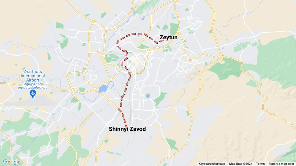Yerevan tram line 1: Zeytun - Shinnyi Zavod route map