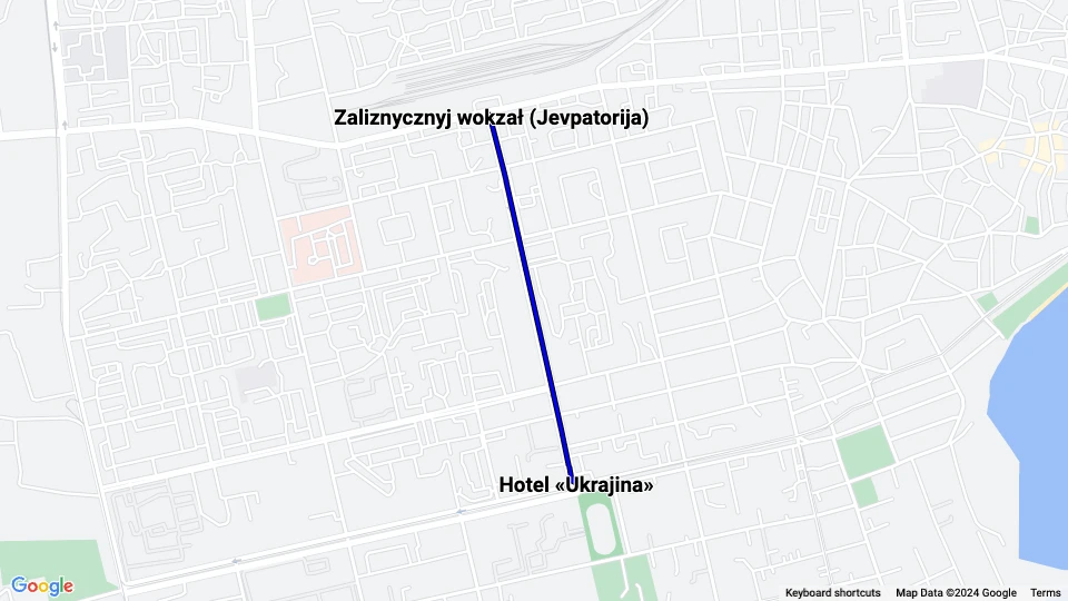 Yevpatoria tram line 3: Zaliznycznyj wokzał (Jevpatorija) - Hotel «Ukrajina» route map