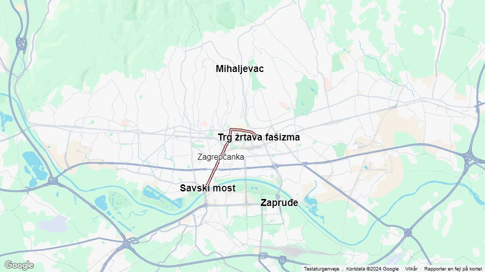 Zagreb tram line 14: Savski most - Trg žrtava fašizma route map