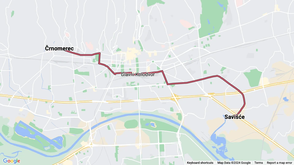 Zagreb tram line 2: Črnomerec - Savišće route map