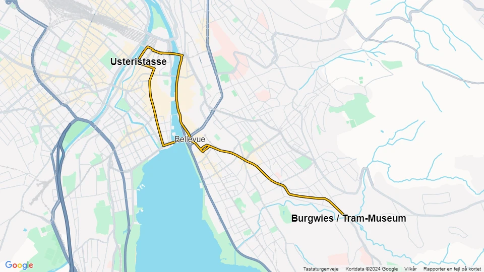 Zürich museum line 21: Burgwies / Tram-Museum - Usteristasse route map