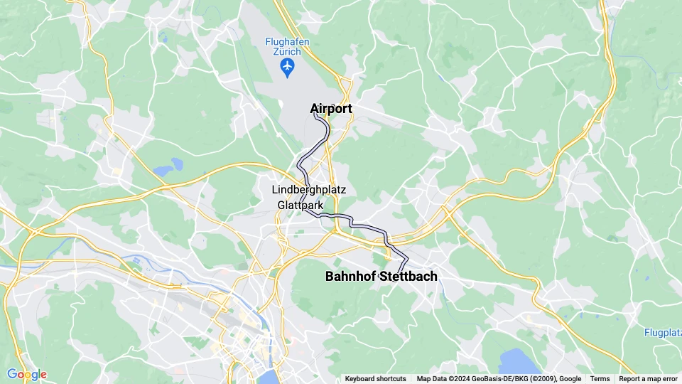 Zürich regional line 12: Bahnhof Stettbach - Airport route map