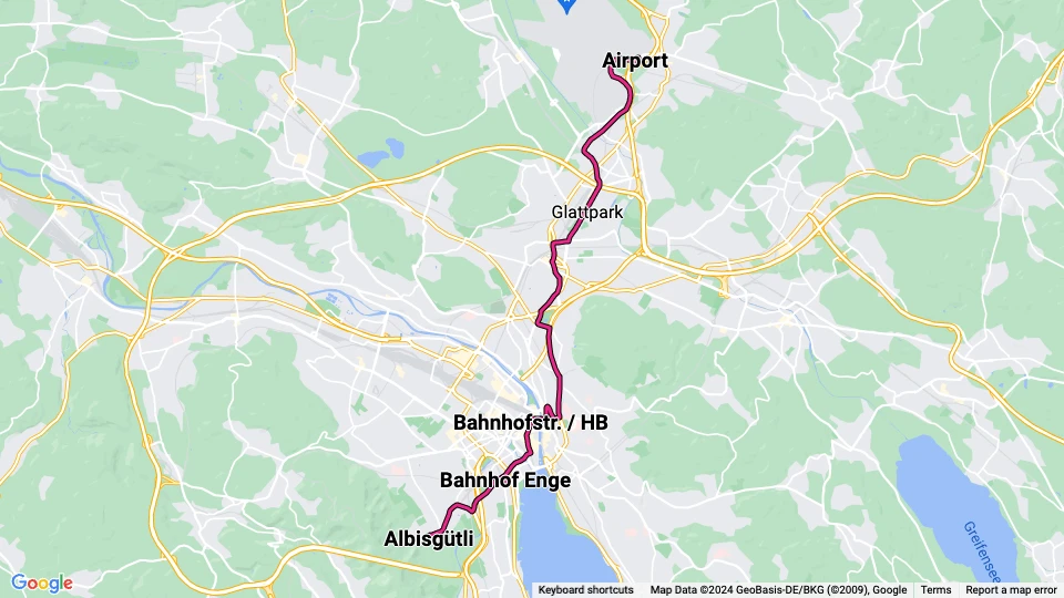Zürich tram line 10: Albisgütli - Airport route map