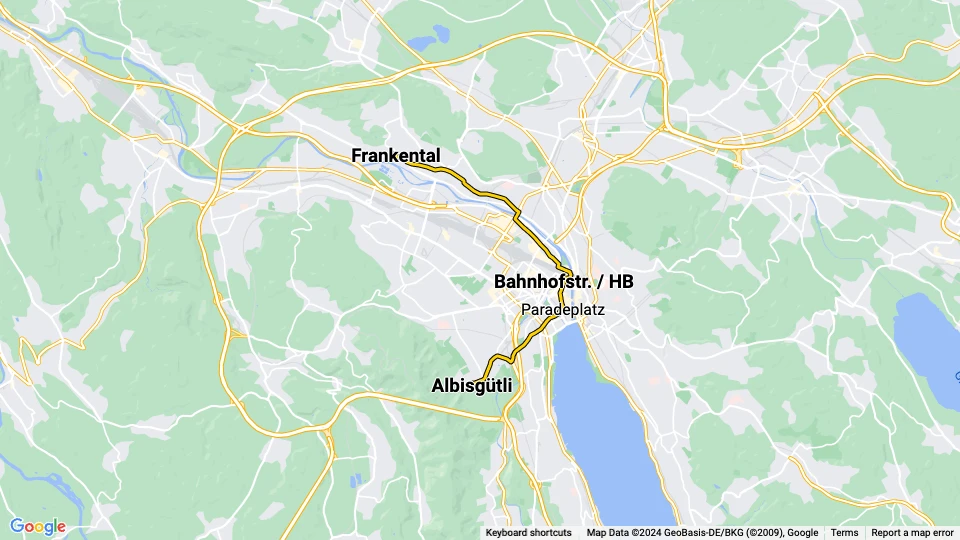 Zürich tram line 13: Albisgütli - Frankental route map