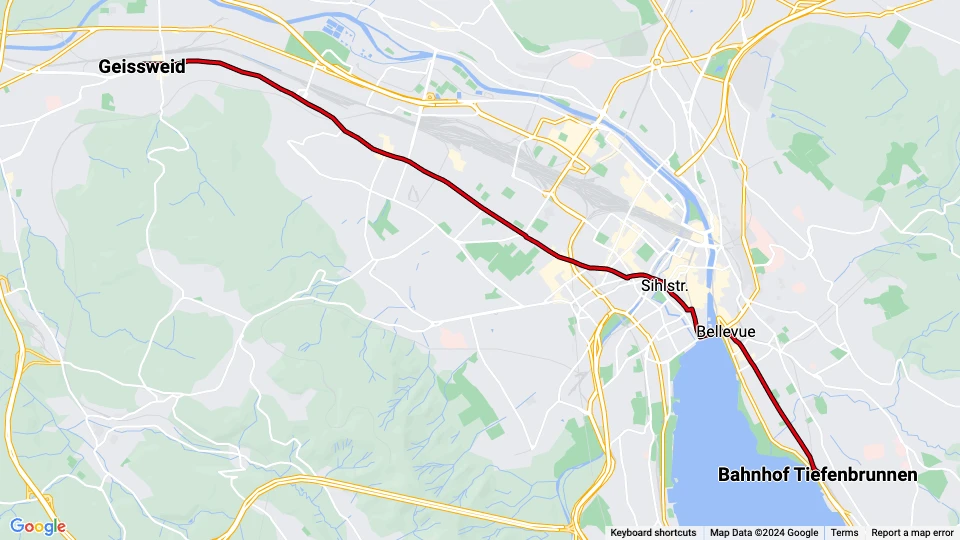 Zürich tram line 2: Bahnhof Tiefenbrunnen - Geissweid route map