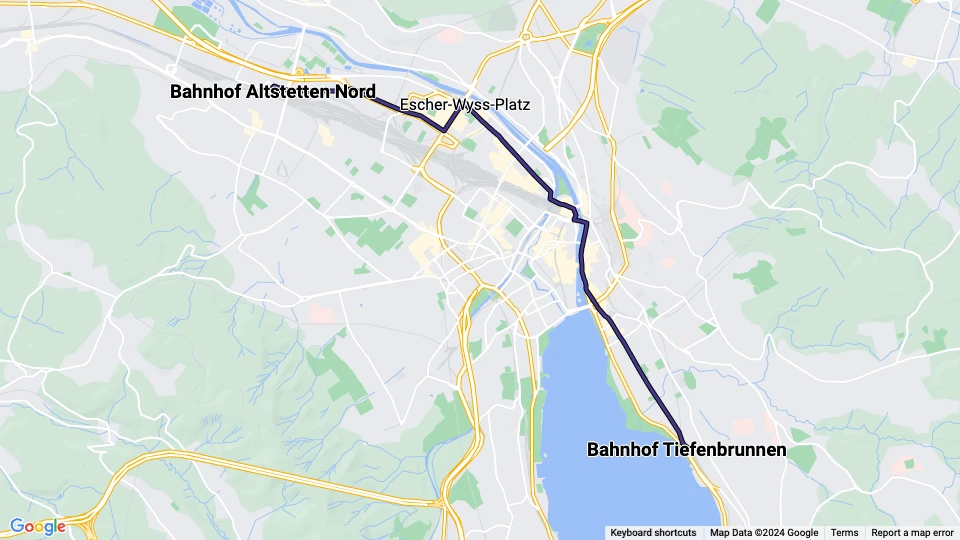 Zürich tram line 4: Bahnhof Tiefenbrunnen - Bahnhof Altstetten Nord route map