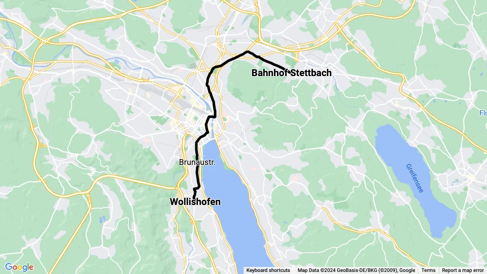 Zürich tram line 7: Bahnhof Stettbach - Wollishofen route map