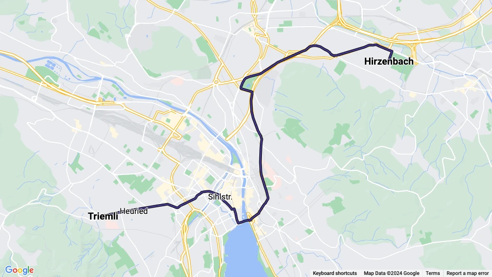 Zürich tram line 9: Hirzenbach - Triemli route map