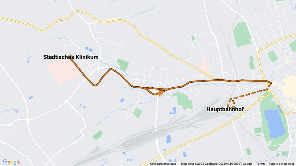 Zwickau extra line 5: Hauptbahnhof - Städtisches Klinikum route map