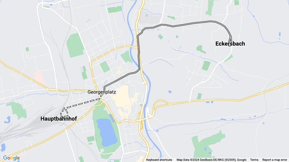 Zwickau tram line 1: Hauptbahnhof - Eckersbach route map