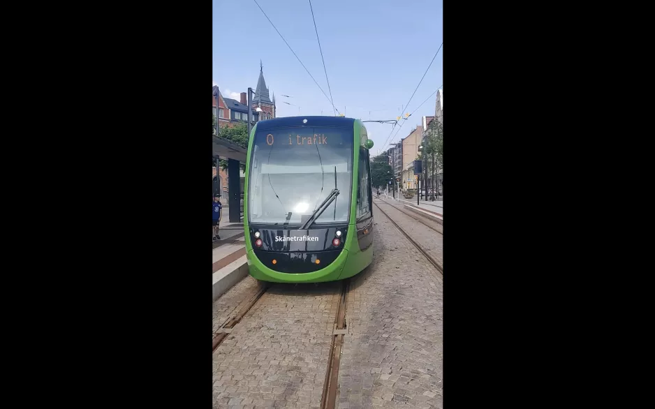 A tram in Lund arrives at Clemenstorget