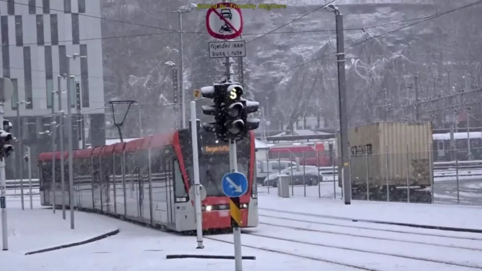 Trams in Bergen, Norway during Snowstorm 2018